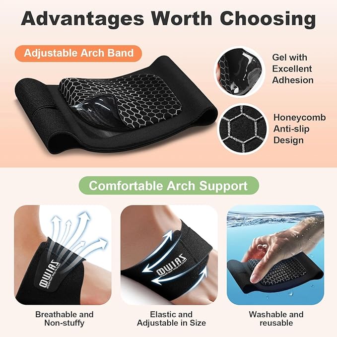 Wearable Arch Support Inserts for Women & Men – 2 Adjustable Heights, Non-Slip Breathable – Plantar Fasciitis Relief Arch Band for Flat Feet, High Arches