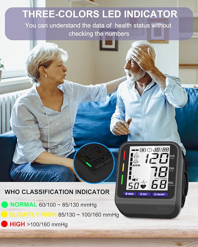 Wrist Blood Pressure Monitor, Blood Pressure Monitor with Adjustable Wrist Cuff, 3-Color Indicator, Dual 198 Reading Memory, Large LCD Display Digital BP Machine