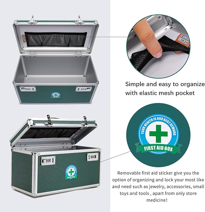 Locking Box with Portable Storage Case, 14.2''x 7.2''x 8.2'', Childproof Medicine Organizer with Combination Lock, Lockbox for Money, Documents & Meds Secure Cash, ID Documents (Green/Large)
