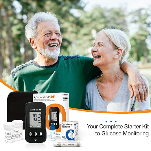 CareSens N Blood Glucose Monitor Kit with 100 Blood Sugar Test Strips, 100 Lancets, 1 Blood Glucose Meter, 1 Lancing Device, 1 Control Solution, Travel Case for Diabetes Testing for Personal Use
