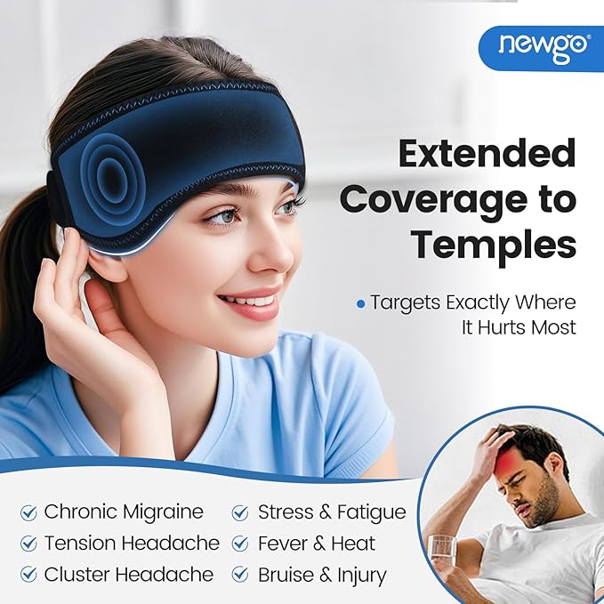 NEWGO Headache Ice Pack Head Wrap for Migraines, Cold Pack for Headache Relief, Tension, Sinus Pain, Chemo, Head Injuries - 2 Gel Pack Inserts & 1 Wrap