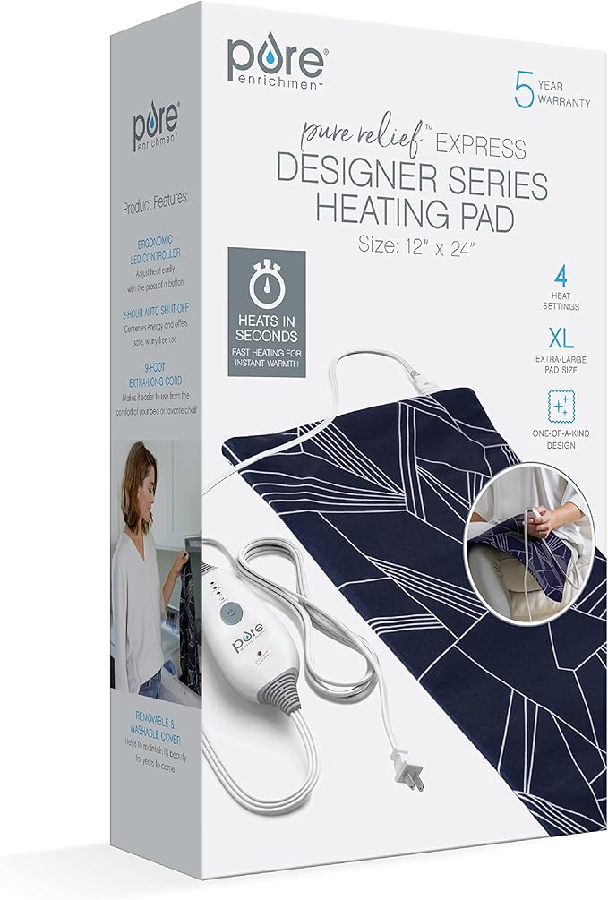 Pure Enrichment PurePureRelief Express Designer Series Electric Heating Pad - 12” x 24” Fast-Heating with 4 Heat Settings, Machine-Washable Fabric, & 2-Hour Auto Safety Shut-Off - Navy Graphic