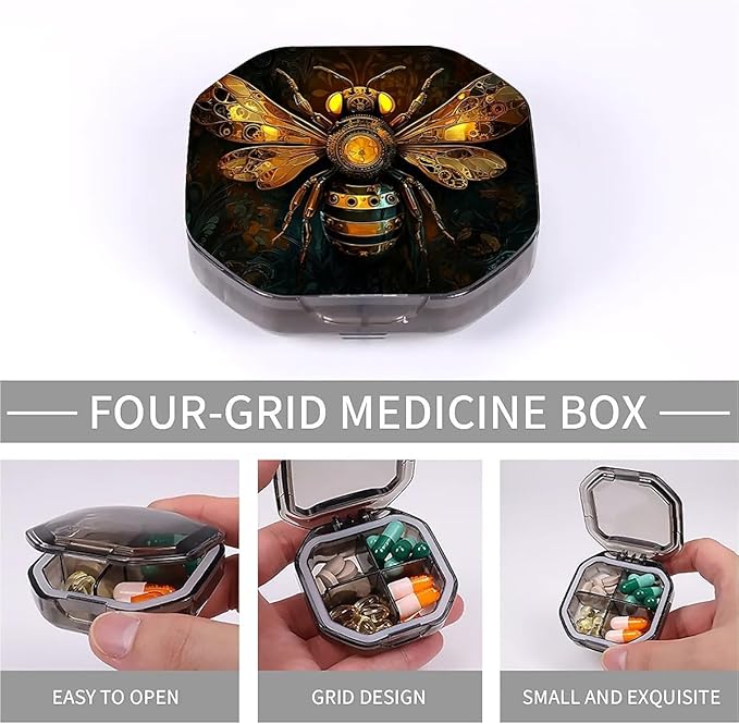 This Portable Mechanical Bee Pattern 4 Compartment Pill Box Can Be Placed in A Pocket Or Wallet to Store Vitamins, Medicines Health Supplements Other Medications.