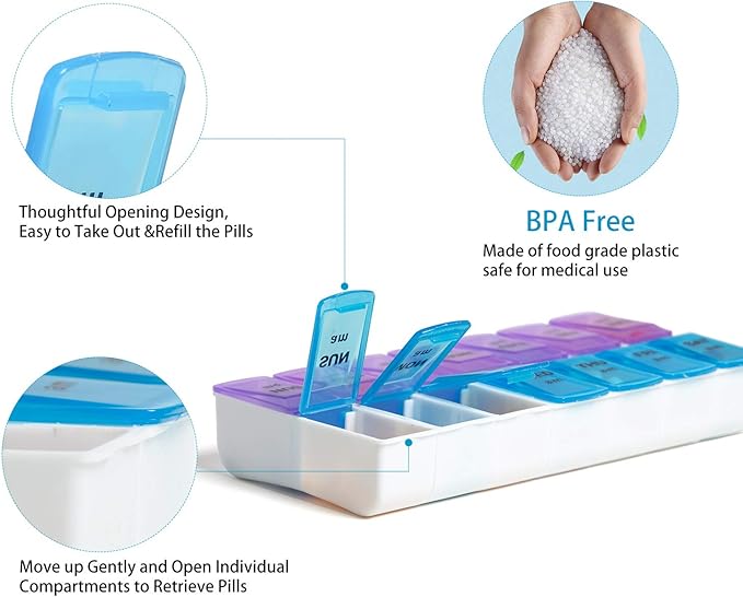 Weekly 7 Day Pill Organizer Case 2 Times a Day (AM/PM), Large Portable Pill Box 7 Day for Vitamin Medicine, Pill Case with Quilted Fabric Zipper Cute Bag for Travel or Daily