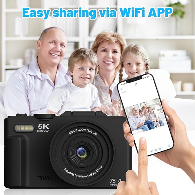 5k Digital Camera,75mp Cameras for Photography with 18x Digital Zoom & Autofocus,3" 180° Flip Screen,WiFi Vlogging Camera for YouTube Video,Photography Cameras for Beginners,With32GB Card & Flas