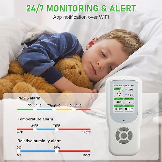 Air Quality Monitor Indoor 9 in 1, Portable Air Quality Tester for PM1.0, PM2.5, PM10, CO2, TVOC, HCHO, AQI, Temperature and Humidity with Alert for Home Office School