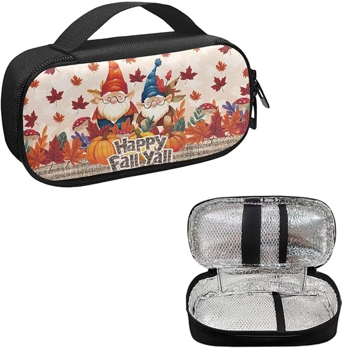 Happy Fall Pumpkin Maple Insulin Cooler Travel Carrying Case Thanksgiving Decorative Diabetic Medication Organizer Case Insulated Cooling Bag for Insulin Pens Syringe Needle