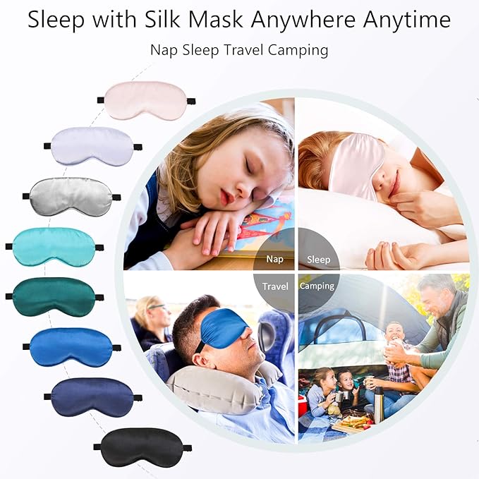 BBTO 8 Pcs Sleep Mask, Silk Eye Mask for Sleeping with Adjustable Strap, Blackout Sleeping Eye Blindfold Soft Silk Mask for Men Women Adults (Multicolor)