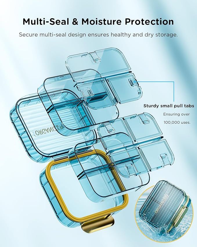 Small Pill Box, Travel Pill Case, Acedada Daily Pill Container for Purse Pocket, Moistureproof 7 Compartments Pill Holder, Stylish Portable Medicine Vitamin Organizer for Supplements Fish Oils, Blue