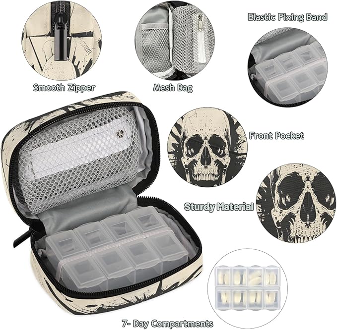 Vintage Gothic Skeleton Travel Pill Organizer Box Weekly Portable Pill Case Daily Pills 7 Day Small Birth Control Pills Container Removable Compartments for Medicine Vitamins Fish Oil