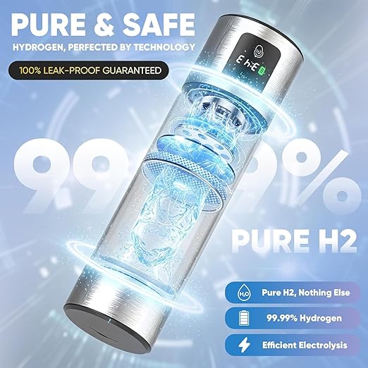 Hydrogen Water Bottle Generator, Up to 6000 PPB SPE-PEM – 460ml Borosilicate Glass, Leak-Proof, LED Display, USB Rechargeable, with Inhalation Tube – Portable Hydro Water Maker for Home, Gym & Travel