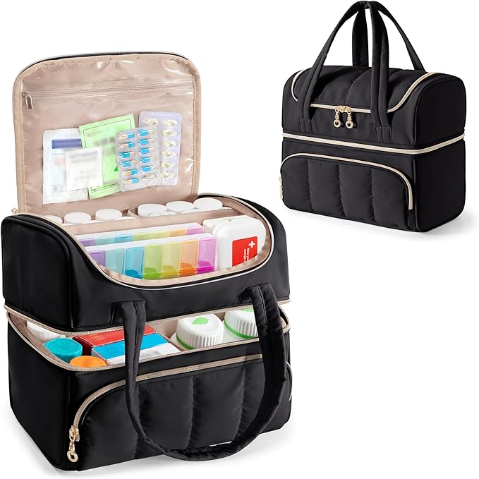Damero Double Layers Medicine Bottle Organizer, Lockable Pill Bottle Organizer Medicine Bag with Lockable Zipper and Detachable Dividers for Medication, Vitamins or Medical Supplements, Black