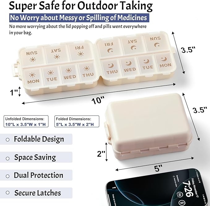NEW Foldable & Double Protection Portable Weekly Pill Organizer 2 Times A Day with Etched Labels, AM PM 7 Day Week Medicine Box, Daily Travel Pill Case Holder Dispenser for Vitamin, Supplement - Khaki