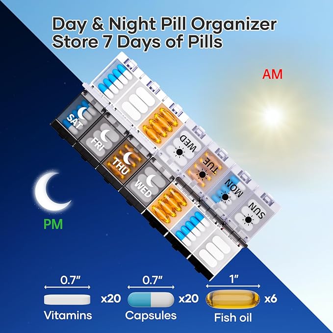 Push Button Weekly Pill Organizer 2 Times a Day, Medicine Pill Organizer with Label, Pill Box Case 7 Day AM PM, Pill Container for Vitamins, Fish Oil, Supplements Medication (Black & White)