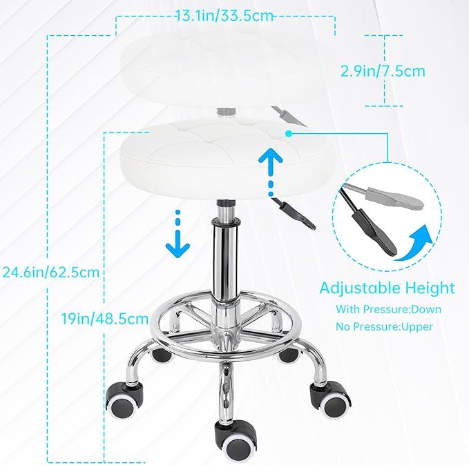 PU Leather Rolling Stool Height Adjustable Round Swivel Stools for Spa Salon Massage Work Chair with Foot Rest White
