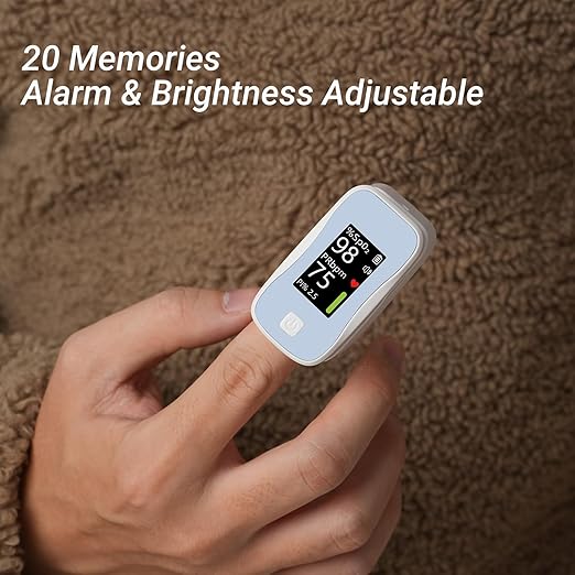 Pulse Oximeter Fingertip, Blood Oxygen Monitor with 20 Memories, Alarm & Brightness Adjustable, Batteries & Lanyard