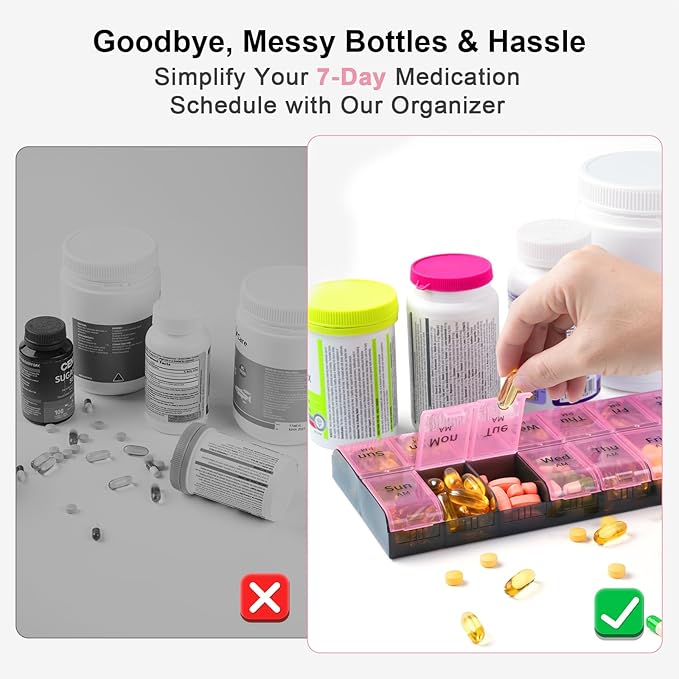 Daviky XL Large Weekly Pill Organizer 2 Times a Day, Extra Big 7 Day Pill Box AM PM, Daily Pill Case Medicine Organizer with 14 Compartments, Day Night Container for Fish Oils, Vitamin, Supplement