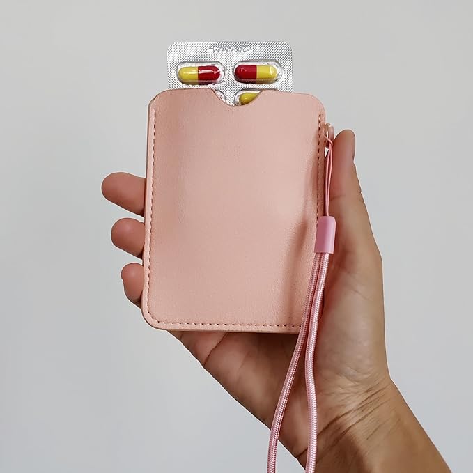Birth Control Pill Case Holder Credit Card Sleeve Slim Wallet PU (pink heart)