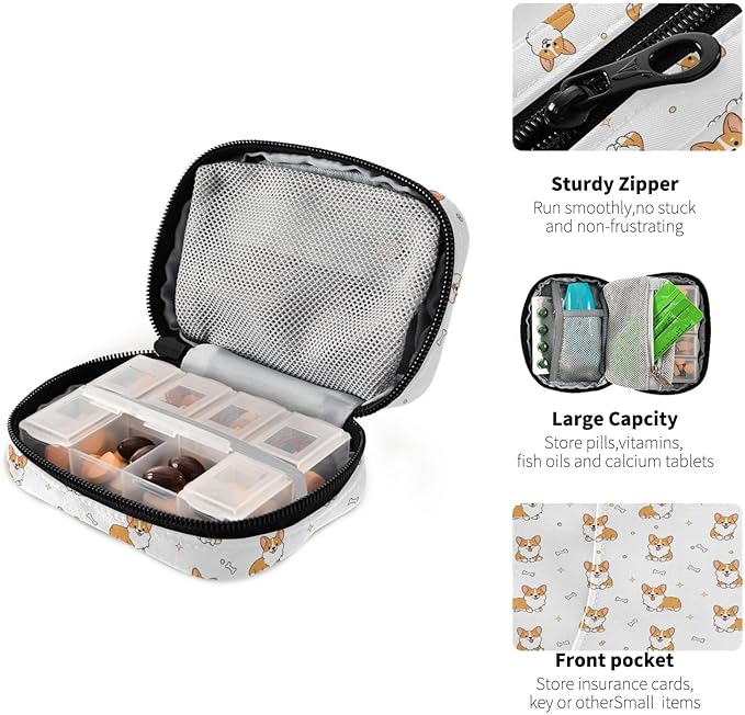 Cute Corgi Dog Pill Organizer Case Yellow Puppy Bone 7 Day Travel Pill Box with Zipper Portable Weekly Vitamin Medicine Supplement Holder Pouch Bag