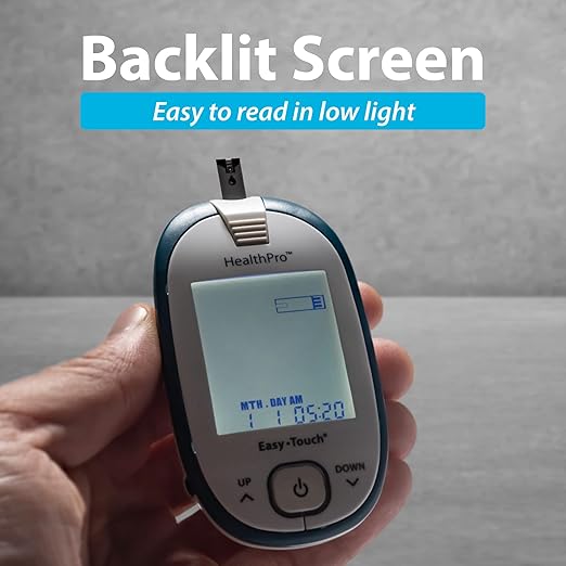 HealthPro Blood Glucose Monitor System Kit by Easy Touch - Complete Diabetes Testing Starter Set with Glucose Meter, Lancing Device, 10 Twist Lancets, Carrying Case, Logbook, Quick Guide & Batteries