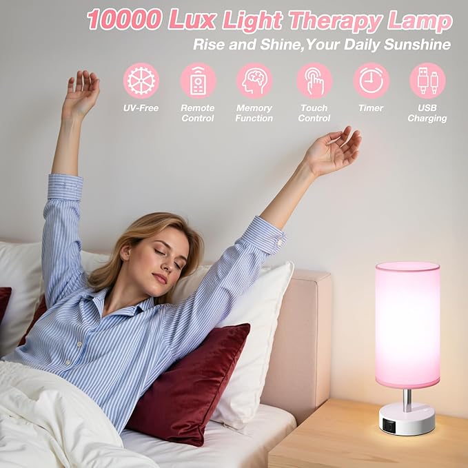 Dicoool Light Therapy Lamp 10000 Lux, Sun Lamp with Remote, 3 Color Temperature & Stepless Dimming, Happy Sunlight Lamp, Daylight Lamp for Home, Office, Pink Decoration Use As Lift Mood, Happy Life