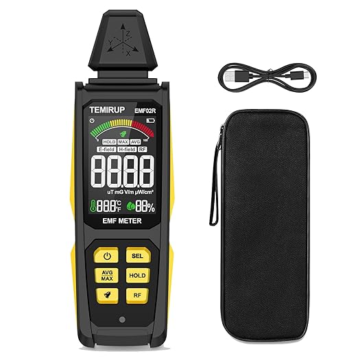EMF Detector, 5-in‑1 Portable EMF Meter and Radiation Detector for RF, EF, MF, Temp, Humidity, WiFi Signal– Rechargeable EMF Reader with 3-Color Sound‑Light Alarm for Home,Office,Ghost Hunting
