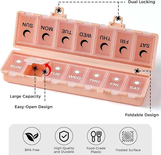 Foldable Pill Organizer Weekly 2 Times a Day, 7 Day Portable AM PM Travel Pill Case with Black&White Labels, Dual-Protection Daily Medicine Box, Large Pill Container for Vitamin/Supplement-Pink