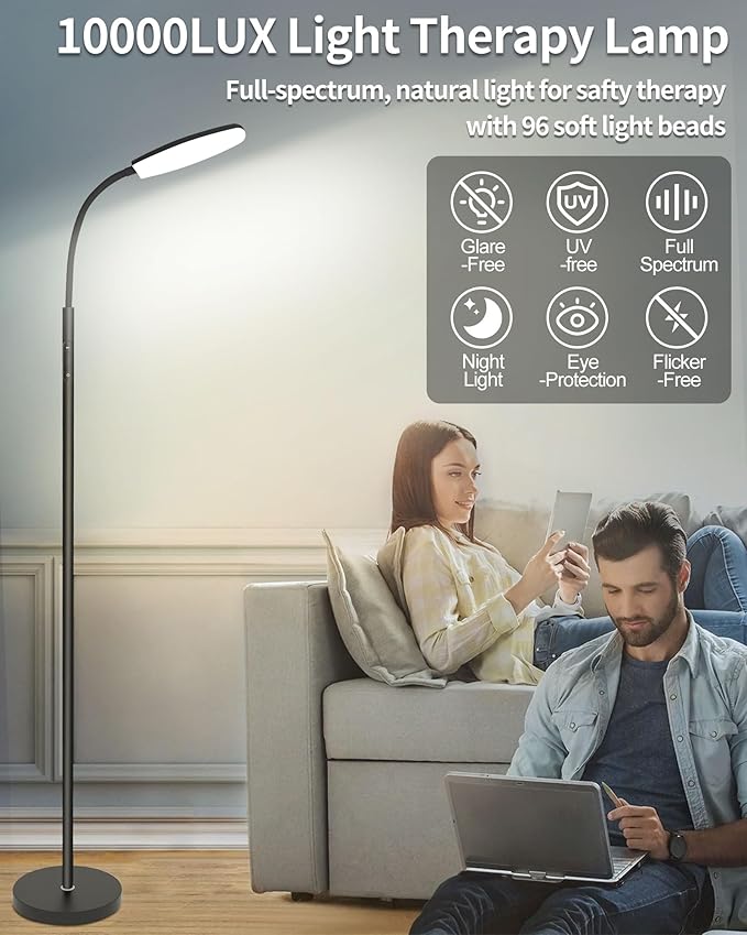 LanSuper Light Therapy Lamp, 10000 Lux UV-Free Happy Therapy Lamp, Full Spectrum Sunlight Lamp with Remote Control, Light Therapy Floor Lamp with 10 Color Temperature & 6 Brightness & Timer-Black