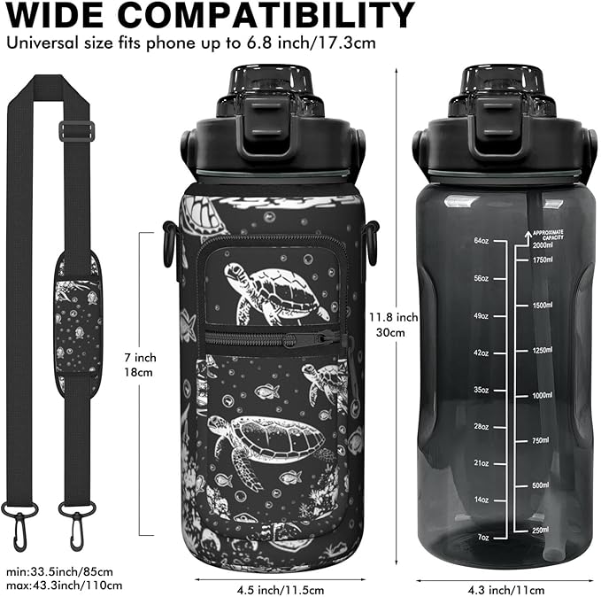 Sea Turtle Half Gallon Water Bottle with Sleeve 64 OZ -Flip Top Bpa Free - Motivational Time Marker Leakproof Water Jug - Sea Turtle Lover for Gifts Women Men