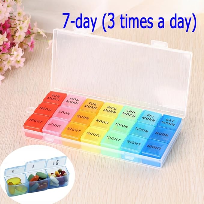 Weekly Pill Organizer, 3 Times a Day, 7-Day Pill Box, Portable Travel Prescription Pill Case Dispenser, Vitamin Fish Oil Compartments Container, Daily Calcium DHA Supplement Holder Reminder
