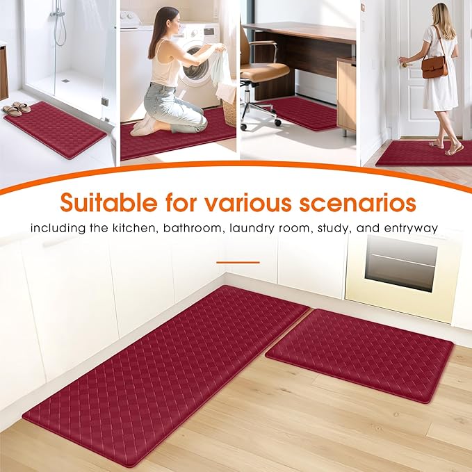 Kitchen Mats, 2PCS Kitchen Rugs, Cushioned Anti Fatigue Kitchen Mats for Floor, Non-Slip Standing Desk Mat, Waterproof Kitchen Rug Set for Kitchen, Floor, Office,17.3"×30"+17.3"×47",Red