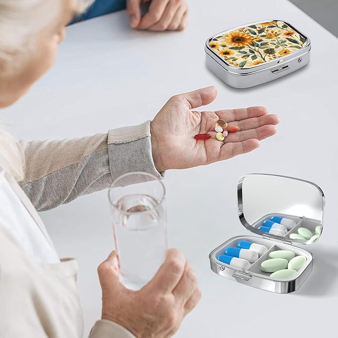 Pill Box-2 Compartment Small Pill Case Square Organizer Case with Mirror Portable Metal Medicine Box Travel Container for Pocket & Purse Women Men（Vintage Sunflower）