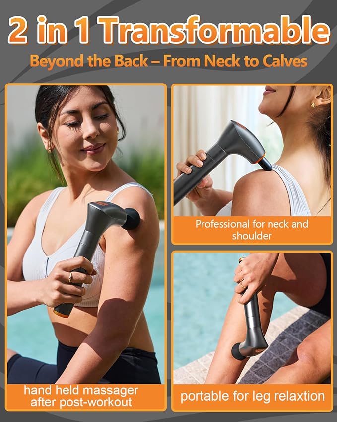 Convertible Massage Gun Deep Tissue for Back Neck Muscle Pain Relief - Electric Handheld Percussion Shoulder Massager Tool with Detachable Long Handle Portable Case，FSA-HSA Eligible