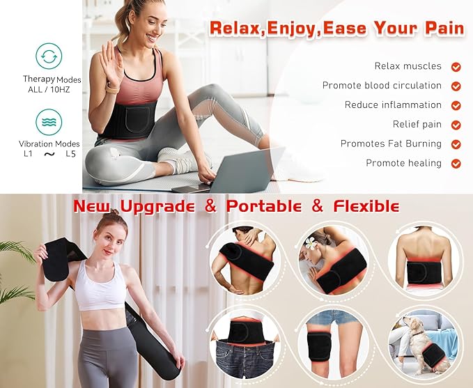 Infrared Red Light Therapy Belt Led Lamp Vibration Body Adjustable Heating Pad Massage Wrap, 660nm Sculpt Waist Band Red Light & 850nm Near Infrared Pad Vibrate for Shoulder, Back Pain Relief Device