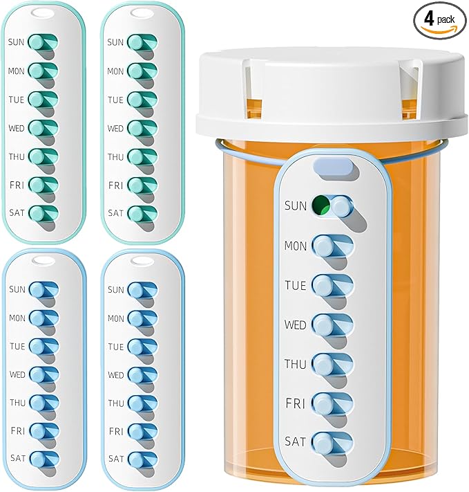 Odaro 4 Pack Pill Reminder, Lanyad or Sticker Pill Tracker, Work with Most Bottles, Reusable Medication Tracker Replacement of Vitamin Weekly (7 Day) Medicine Organizer