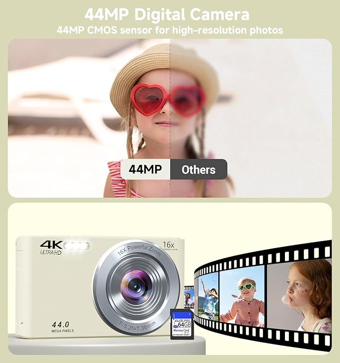Digital Camera,Upgraded FHD 4K Digital Camera for Teens Girls Boys,Compact Digital Cameras with 64GB Memory Card,2 Batteries,Small Camera with 16X Autofocus Digital Zoom for Vlogging,Cream