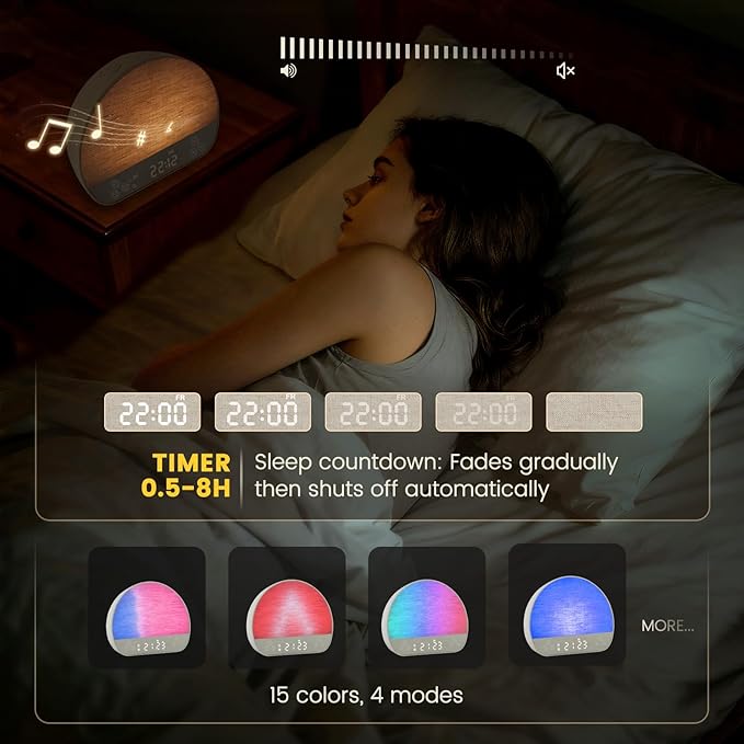 Sunrise Alarm Clock Wake Up Light for Heavy Sleeper, White Noise Sound Machine 37 Sounds, Bluetooth Speaker, Tap Snooze, Remote Control, USB Port, 15 Color Dimmable NightLight for Bedroom
