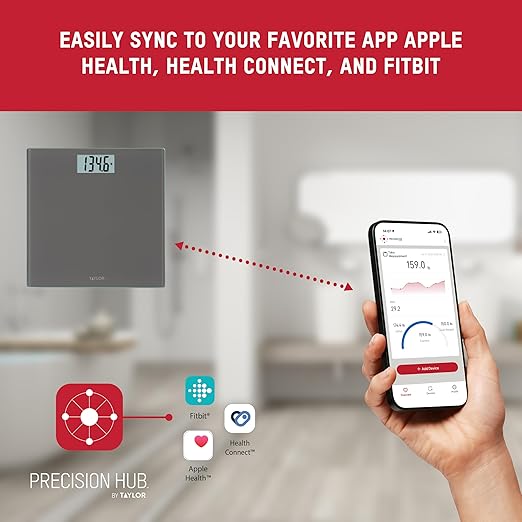 Taylor Smart Bathroom Scale with Precision Hub App, Digital Body Weight Scale, 400 lb Capacity, 8 User Profiles, Smart App Connectivity, Sync to 3rd Party Apps, BMI Tracking, Glass Platform, Charcoal
