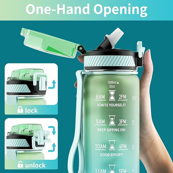 Water Bottle with Straw, 32oz Motivational Water Bottles with Time Marker to Drink, Tritan BPA Free, 1L Sports Water Bottle with Carry Strap LeakProof for Women Gym Fitness Outdoor (1 Pack)