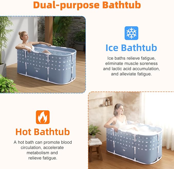 Portable Bath Tub No Installation, Foldable Bath Tub for Adults, Collapsible Adult Soaking Tub for Shower Stall, No Installation Ice Bath and Hot Bath for Indoor Small Bathroom Use