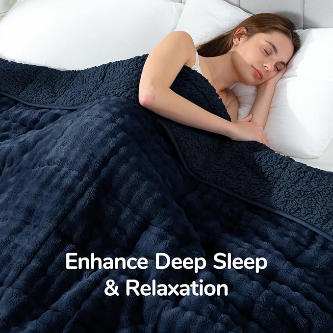 Cottonblue Bubble Weighted Blanket 15lbs Faux Fur Sherpa Heavy Weighted Blankets for Adults, Fits Queen Size Bed, Cute Fuzzy Warm Heavy Blanket for Calm and Better Sleep, 60"x80", Navy Blue