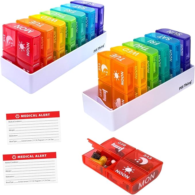 6 Times a Day, 7 Day Large Weekly Pill Organizer with Holder Tray, Vitamin, Medicine Box, Multicolor with Medical Alert Card (4X a Day - 2 Pack)