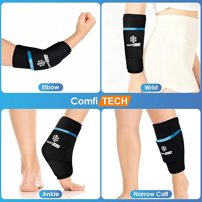 ComfiTECH Dual-Gel Ankle Ice Pack Wrap with Extended 30-Minute Cooling, Detachable Ice Pack & Flexible Reusable Gel Ice Sleeve Brace for Plantar Fasciitis, Achilles Tendonitis, Sore Feet & Heel, M