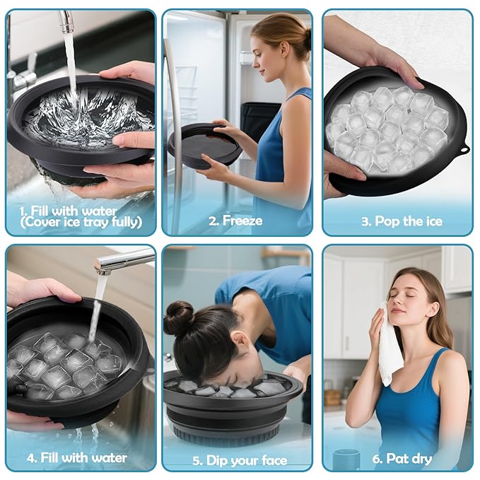 XANGNIER Face Bowl for Ice with Built-In Ice Tray – Collapsible Silicone Facial Ice Bath Bowl for Cold Plunge Therapy, Skin Tightening & Acne Relief – Black Portable Spa Tool for Home & Travel