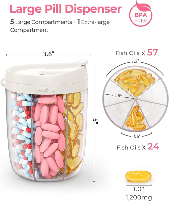 Large Pill Dispenser with 6 Compartments, Anti-Mix Pill Bottle Organizer with Wide Opening & Easy Retrieval, Vitamin Organizer for Travel, BPA-Free Pill Box with a Strap, White