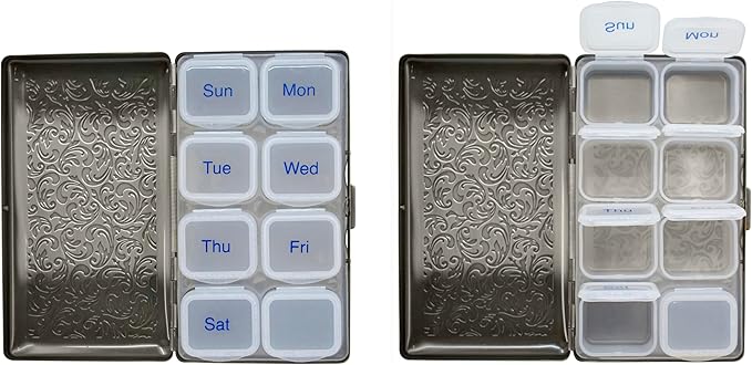 Set of 2 Metal-Plated Weekly (7-Day) Pill Box Case & Portable Medicine Organizer (Large Antique Silver)