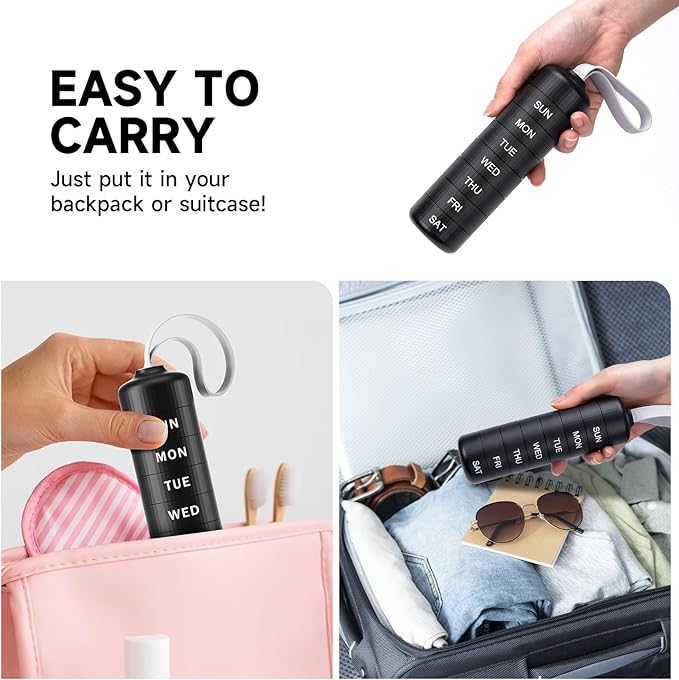 Betife Cute Pill Organizer, Cute Weekly Pill Box for Travel, Cute Daily Pill Case 7 Day, with 7 Large Stackable Compartments, Sturdy ABS Pill Holder for Vitamin Supplement Medicine (Black)