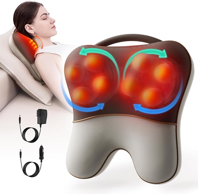 Sotion Shiatsu Neck and Back Massager with Heat, Deep Tissue Pain Relief for Neck, Shoulder and Back, Massage Pillow with Cover, Adjustable Straps & Portable Handle(No Battery)