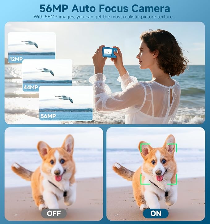 Digital Camera, 56MP Dual Screen Autofocus Vlogging Camera, 16X Zoom Point and Shoot Camera for Photography, Anti-Shake, 32GB Card, Compact Camera for Teens Adults,Blue