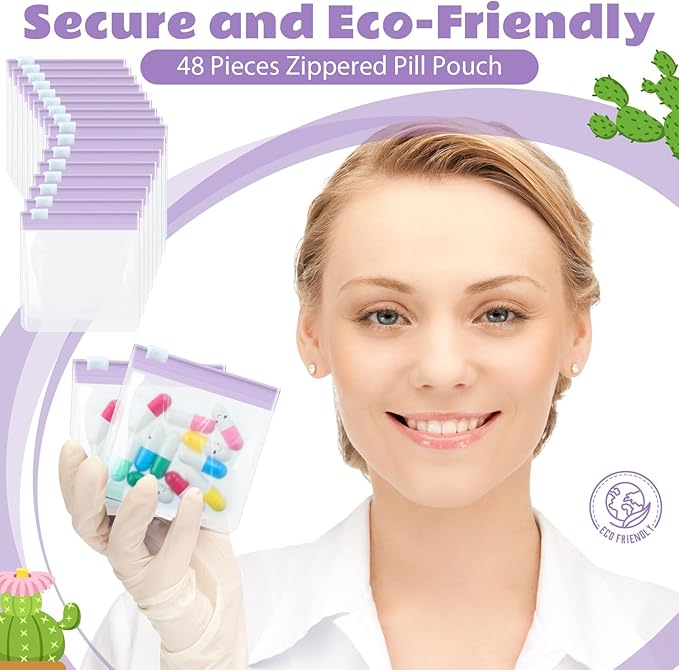 Handepo 24 Pieces Pill Pouch Bags Zippered Pill Pouch Set Reusable Translucent Medicine Organizer Self Sealing Medicine Bag Travel Plastic Pill Bags with Slide Lock Pill Baggies (Light Purple)